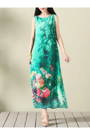 Newchic Boho Chiffon Floral Print Sleeveless O-neck Maxi Dress For Women