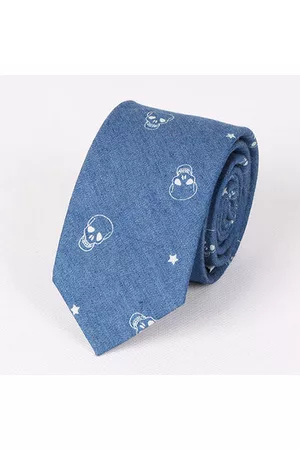 Newchic Cotton Denim Neckties For Men Groom Skull Fish Bone Pattern Narrow Neck Ties Party Necktie