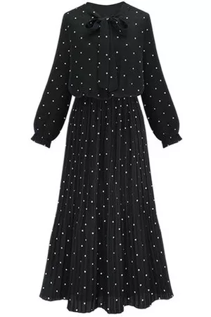 Newchic Bohemian Polka Dot Bow-knot Elastic Waist Pleated Chiffon Maxi Dress