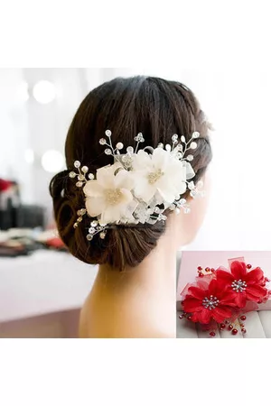 Newchic Bride Red White Flower Bridal Wedding Rhinestone Crystal Hair Clips Headpiece Accessories