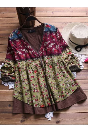 Newchic Vintage Floral Patchwork Fake Two-Piece Shirt