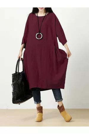 Newchic Casual Solid 3/4 Sleeve O-Neck Dress