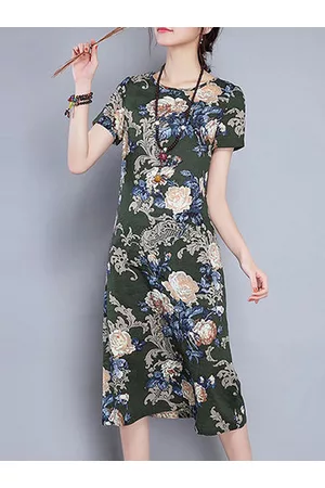 Newchic Vintage Floral Printed O Neck Short Sleeves Dresses For Women