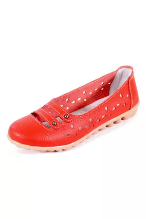 Newchic Leather Hollow Out Breathable Button Stripe Slip On Flat Casual Shoes