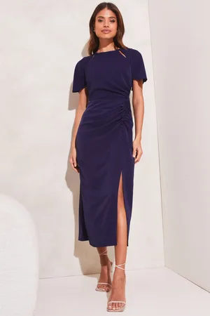 Buy Lipsy Navy Blue Ruched Front Sleeves V Neck Mesh Summer Maxi