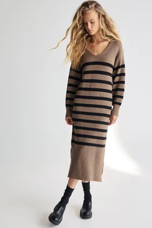 Next Camel Stripe Long Sleeve V-Neck Midi Ribbed Knitted Jumper Dress