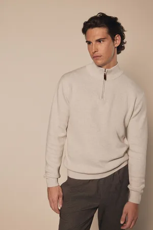 Next Oatmeal Marl Plain Regular Fit 100% Cotton Premium Quarter Zip Jumper