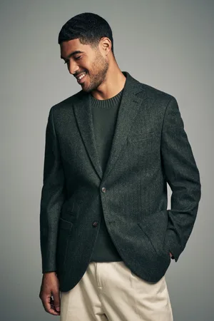Next Khaki Regular Fit Wool Rich Herringbone Blazer