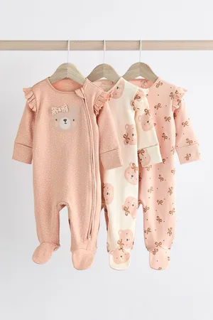 Next Bear Two Way 100% Cotton Zip Baby Sleepsuits 3 Pack (0mths-2yrs)