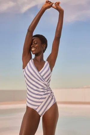 Next Blue/ Stripe Ruched Side Tummy Shaping Control Swimsuit