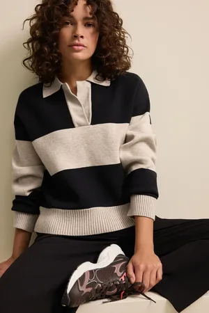 Next Neutral/ Stripe Soft Touch Cosy Collared Button Down Polo Sweatshirt