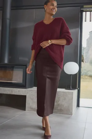 Next Berry Red N. Premium Genuine Leather Midi Skirt
