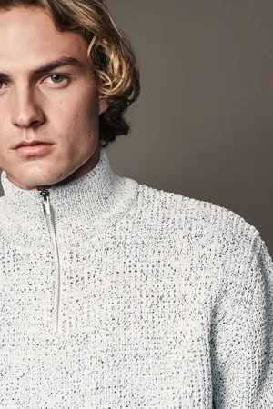 Next Ecru Quarter Zip Regular Fit Chenille Texture Jumper