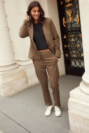 Next Khaki Tailored Straight Trousers With Wool
