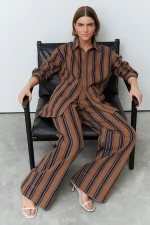 Next Tan Brown Stripe Elasticated Waistband 100% Cotton Wide leg Jeans
