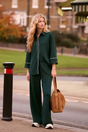 Next Green/ Piping Detail Crepe Wide Leg Trousers