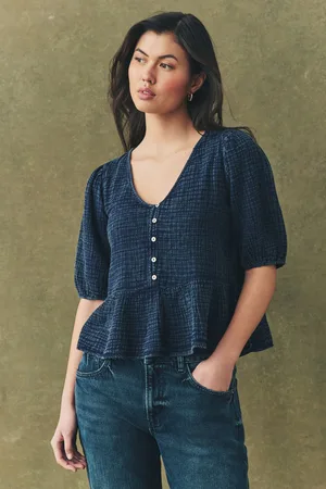 Next Indigo Wash Puff Short Sleeve Doublecloth 100% Cotton Blouse