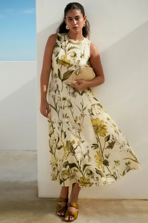 Next Pastel Yellow Floral Print Sleeveless Column A-Line Maxi Dress