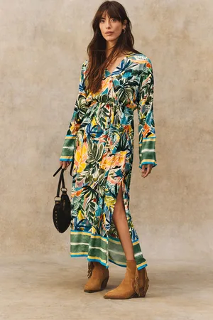 Next Green/ Palm Print Kimono Sleeve Tie Waist Maxi Dress