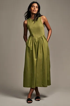 Next Khaki Woven Jersey Mix Sleeveless Racer Ribbed Midi Dress