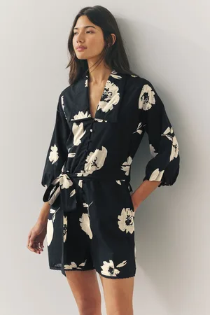 Next Mono Floral 100% Cotton Tie Waist Puff Sleeve Mini Shirt Playsuit