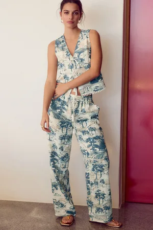 Next Palm Print Wide Leg Elasticed Waist Trousers