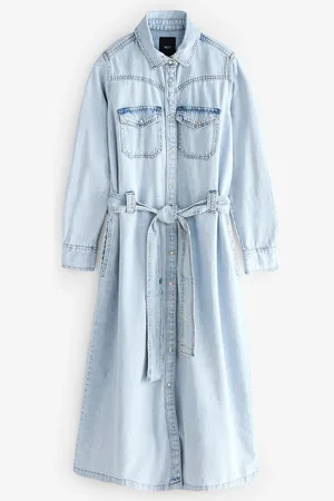 Next Bleach Tiered Seam Front Denim 100% Cotton Midi Dress