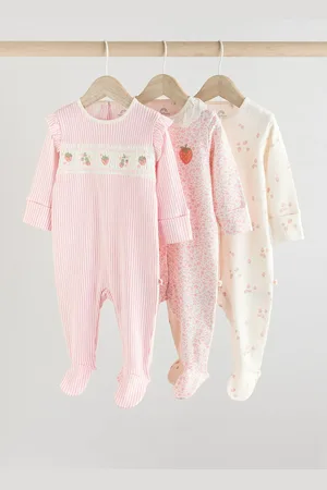Next Strawberry Baby Collar 100% Cotton Sleepsuits 3 Pack