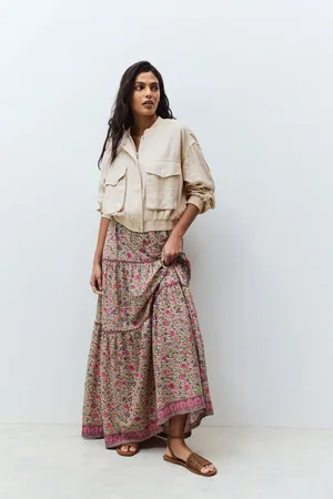 Next Green/ Flower Print 100% Cotton Tiered Maxi Skirt