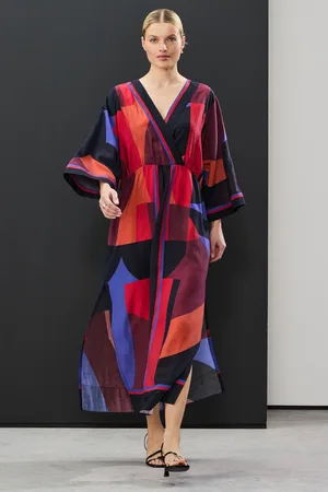 Next Red/ Abstract Print V-Neck Kaftan Maxi Dress