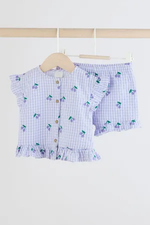 Next Purple Gingham/Cherry 100% Cotton Baby Shirt And Shorts Set (0mths-3yrs)