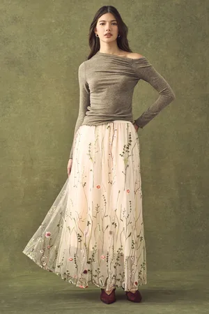 Next Ecru Embroidered Mesh Tulle Boho Maxi Skirt