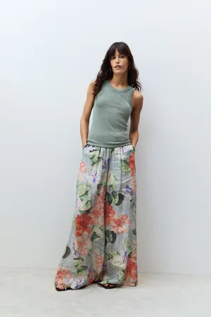 Next /Green Floral Premium Super Wide Sheer Printed Trousers