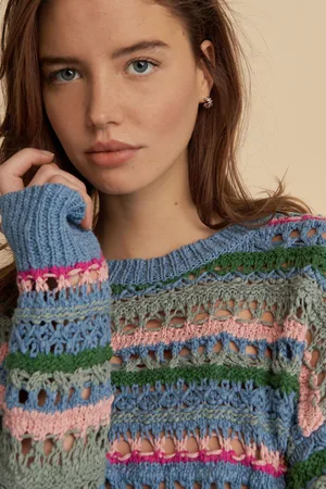 Next Stripe 100% Cotton Stitch Long Sleeve Crew Neck Knitted Jumper