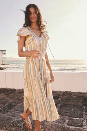 Next Off and Blue Stripe Flutter Sleeve Tie Neck Elasticated Waist Tiered Midi Dress