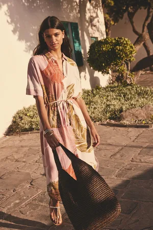 Next Palm Print Short Sleeve Tie Waist Midi Dress with Linen