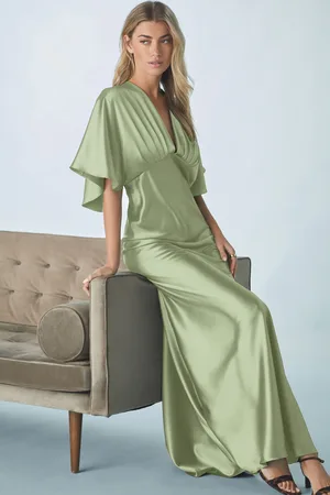Next Sage Bridesmaid Satin Flutter Sleeve Maxi Dress
