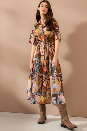Next Papaya Fruit Print Short Sleeve Drop Waist 100% Cotton Maxi Shirt Dress