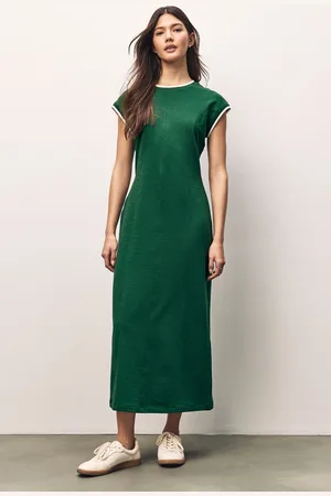 Next Pine 100% Cotton Short Sleeve Tipped Jersey Midi Dress