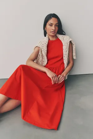 Next Red Woven Jersey Mix Sleeveless Racer Ribbed Midi Dress