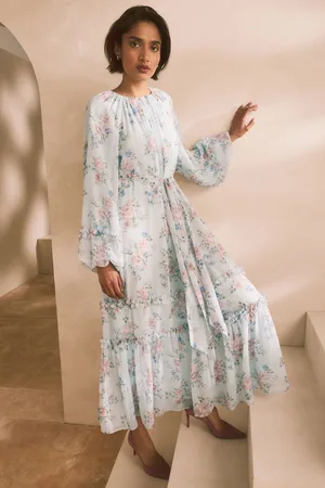 Next /Pink Floral Long Sleeve Tie Waist Ruffle Detail Boho Maxi Dress