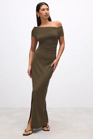 Next Khaki Polyamide Slinky Ruched Off The Shoulder Midi Dress