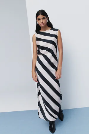 Next And Neutral Stripe Sleeveless Satin Drape Waist Detail Midi Dress