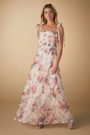 Next Blush Floral Occasion Mesh 3D Ruffle Tie Strap Maxi Dress