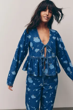 Next Dark Floral Printed Tie Front Denim 100% Cotton Blouse