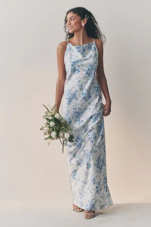 Next /Blue Floral Bridesmaid Satin Cowl Neck V-Back Maxi Dress