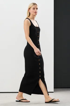 Next Square Neck Button Down Rib Column Midi Dress