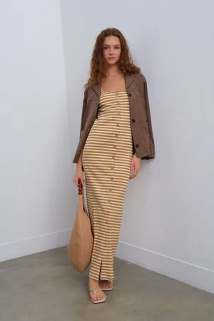 Next Cream/ Stripe Square Neck Button Down Rib Column Midi Dress
