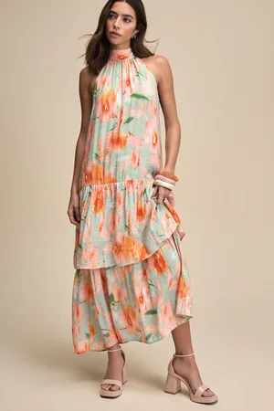 Next Light And Orange Smudge Print Halter Tie Neck Layered Maxi Dress