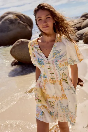 Next Floral V-Neck Puff Sleeve Mini Dress with Linen